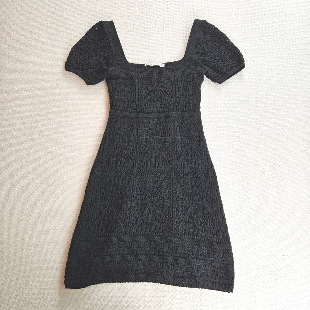 Black Pointelle Knit Crocheted Puff Sleeve Square Neck Mini Dress S Whimsigoth